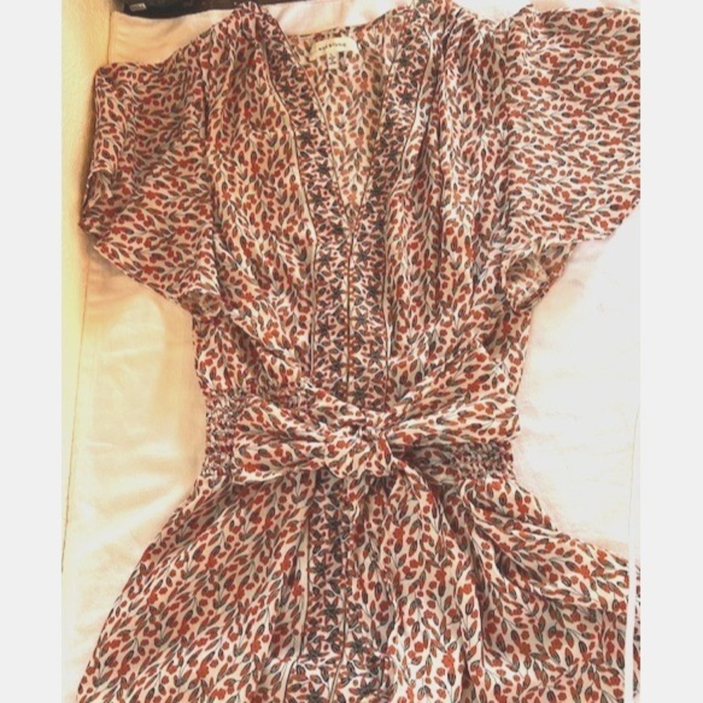 Max Studio Floral V Neck Tie Waist Smocked Top Blouse Flutter Sleeve Sz Large